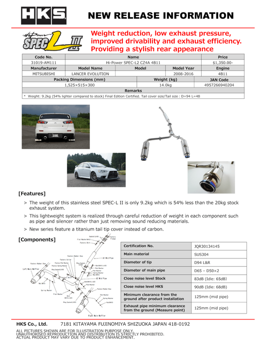 HKS Hi-Power SPEC-L2 CZ4A 4B11 - Premium Catback from HKS - Just $1249.50! Shop now at WinWithDom INC. - DomTuned