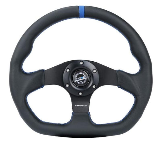 NRG Reinforced Steering Wheel (320mm) Sport Leather Flat Bottom w/ Blue Center/ Blue Stitching - Premium Steering Wheels from NRG - Just $160! Shop now at WinWithDom INC. - DomTuned