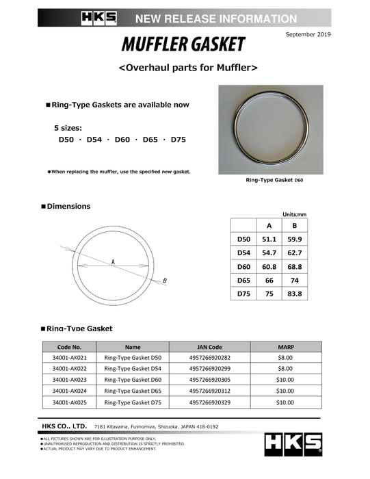 HKS Muffler Gasket 66mm ID 74mm OD - Premium Exhaust Gaskets from HKS - Just $8.50! Shop now at WinWithDom INC. - DomTuned