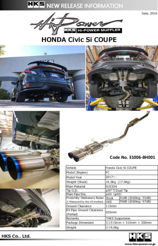 HKS Hi-Power Muffler for Civic SI Coupe (FC3) - Premium Catback from HKS - Just $935! Shop now at WinWithDom INC. - DomTuned