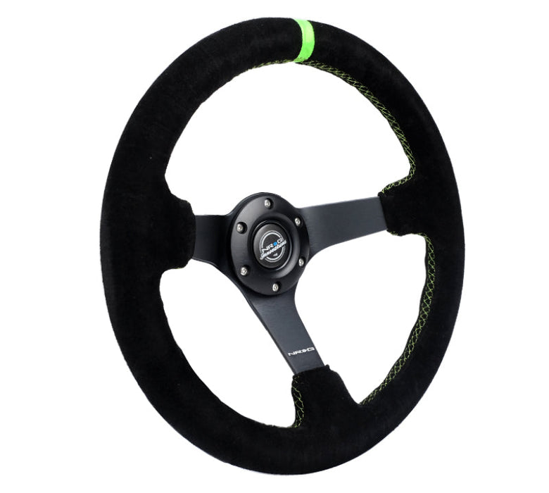 NRG Reinforced Steering Wheel 350mm/3in. Deep Blk Suede/ Neon Green Stitch w/5mm Matte Black Spoke - Premium Steering Wheels from NRG - Just $180! Shop now at WinWithDom INC. - DomTuned