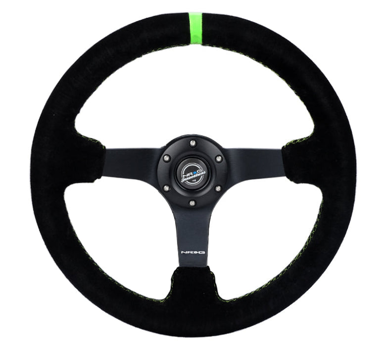 NRG Reinforced Steering Wheel 350mm/3in. Deep Blk Suede/ Neon Green Stitch w/5mm Matte Black Spoke - Premium Steering Wheels from NRG - Just $180! Shop now at WinWithDom INC. - DomTuned